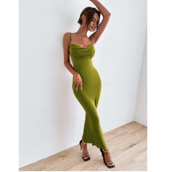 Backless Green Cowl Neck Long Slim Dress - Picture 7 of 15